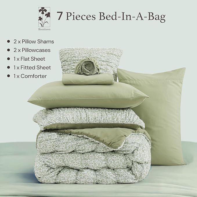 King Comforter Set-7 Pieces Sage Green Classic Puff Floral Bedding Sets for All Seasons,Shabby Chic Farmhouse Bed in a Bag King with Wildflowers Fluffy Comforter,Sheets, Pillowcases & Shams
