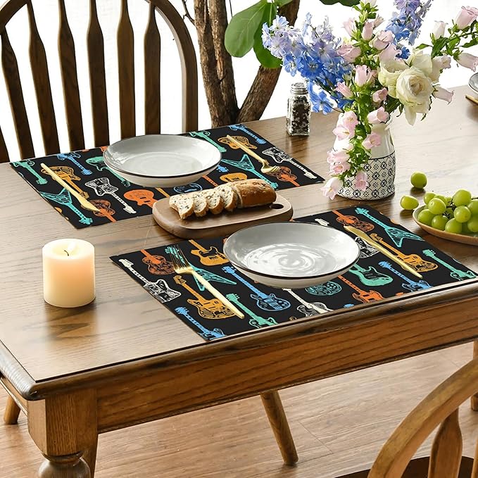 Colorful Guitar Placemats Set of 4, Placemats for Dining Table,Heat Resistant Stain Resistant Wipeable Table Mats for Kitchen Dining Holiday Party Home Decor,12x18 Inch