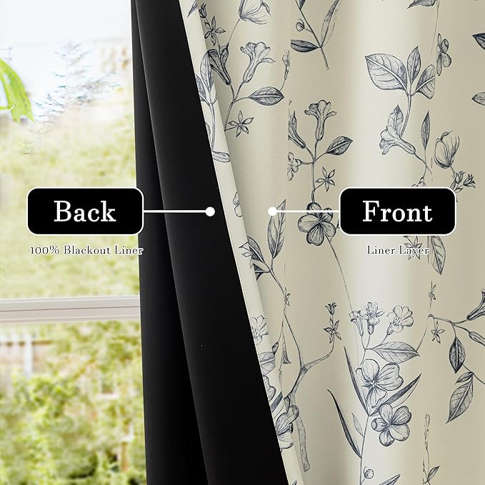 ChrisDowa Beige 100% Blackout Curtains 63 Inches Long 2 Panels for Bedroom Living Room Navy Blue Flower Patterned Room Darkening Thermal Insulated Soundproof Grommet Window Treatments Drapes,52X63