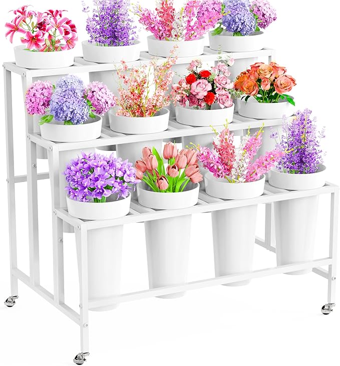 Asee'm Flower Display Stand with 12 Buckets, 3-Tier Flower Stand with Wheels, Heavy Duty Moving Metal Plant Bar Cart Stands Florist Bouquet Shelf for Indoor Outdoor Patio Garden(White - Round Bucket)