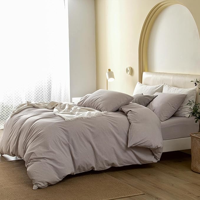 JIYUAN 100% Washed Cotton Duvet Cover Set 3 Pieces Cal King, 1 Duvet Cover 104x98 Inches(Comforter Not Included) and 2 Pillowcases,Linen Feel Bedding Set Comfy and Breathable, Heathered Linen