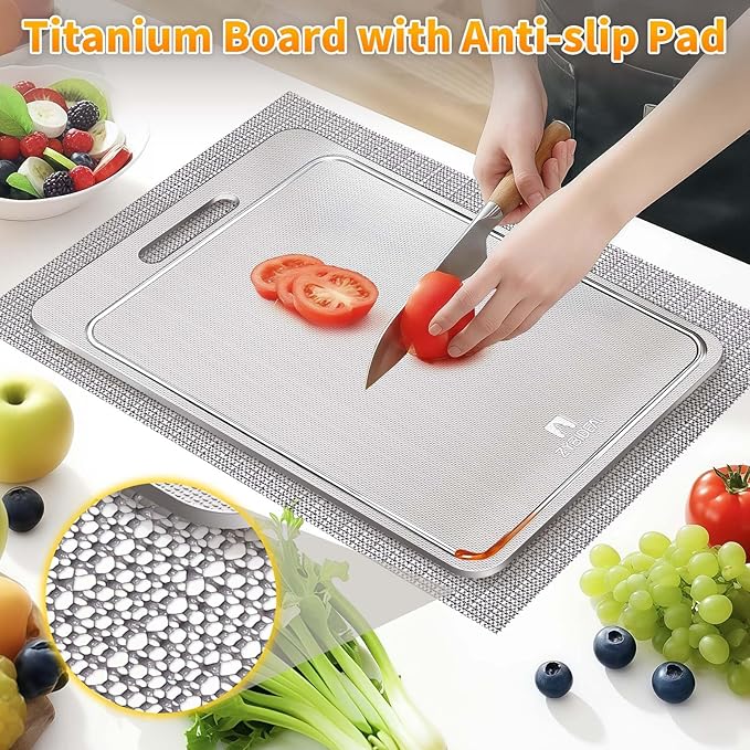 100% Pure Titanium Cutting Board with Groove, Scratch Resistant Chopping Board with Non-slip Pad for Kitchen, Titanium Cutting Boards for Vegetables and Meat, Dishwasher safe 8 * 12 IN