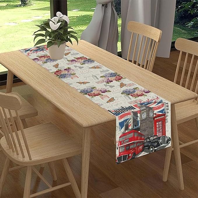 British Table Runner, Seasonal Vintage Floral England London Culture Element Coffee Table Center Decor for Home Kitchen Dining Patio Holiday Party Table Decorations 13x36 inches