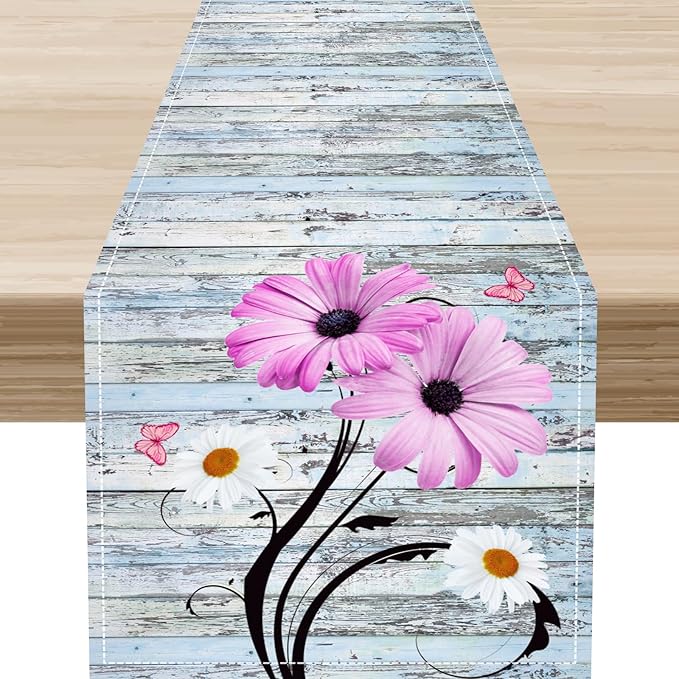 Farmhouse Table Runner, Abstract Daisy Flower Rustic Old Wood Farmhouse Print Table Runner for Home Indoor Outdoor Party Wedding Decor 13x72 inch