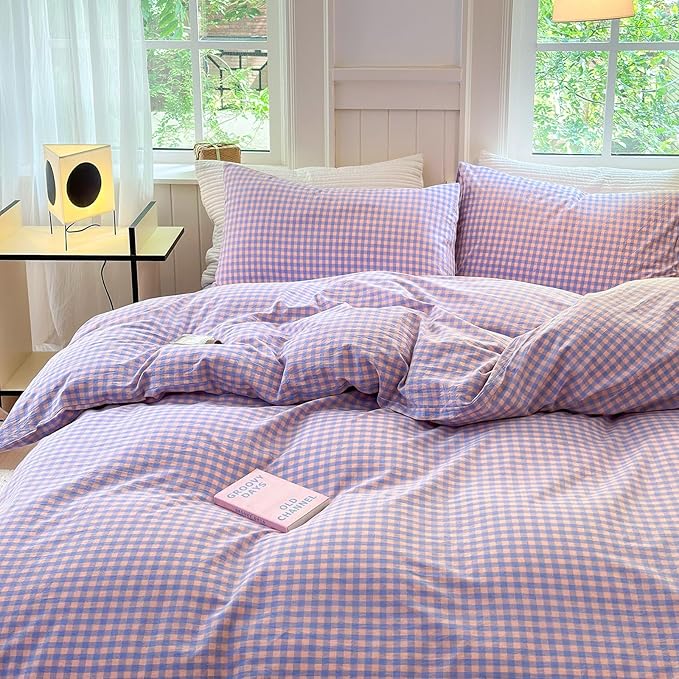 LifeTB Purple Gingham Comforter Queen Comforter Set Fluffy Soft Plaid Checkered Pattern Comforter Purple Pink Gingham Bedding Set Farmhouse Grid Plaid Comforter Set for All Seasons Queen Size