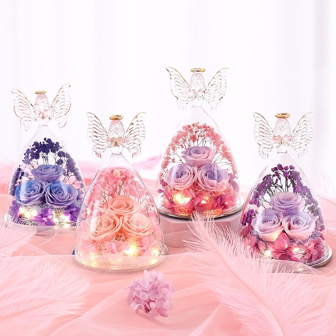 Christmas Rose Gifts for Women Preserved Real Flower in Glass Angel Figurines Roses for Delivery Prime Birthday Gifts for Mom Grandma Girlfriend Wife Her, BluePurple