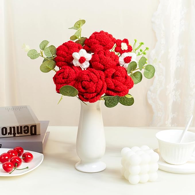 Red Crochet Flowers Bouquet Red Knitted Flower Rose Crochet Bouquet Handmade for Wedding, Anniversary, Christmas, Graduation Crochet Gifts for Women (Includes Card)