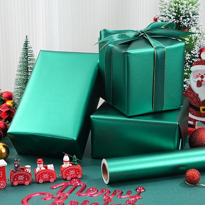 ZINTBIAL Metallic Green Wrapping Paper Roll with Cut Lines - Solid Green Holiday Gift Wrap for Graduation, Christmas, Birthdays, Baby Shower, Wedding - 17.5 in x 33 ft (48 sq. ft), Easy to Cut