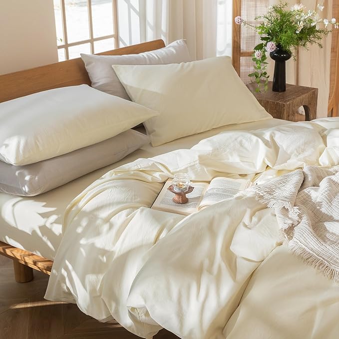 MooMee Bedding Duvet Cover Set 100% Washed Cotton Linen Like Textured Breathable Durable Soft Comfy (Solid Cream White, Oversized King Plus 128"x120")