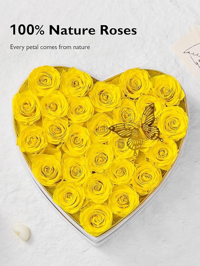 Eterfield 27 Forever Flowers in Heart Shape Box, Preserved Roses That Last a Year Preserved Flowers Birthday Gifts for Her Mom Women Wife Anniversary Valentines Day Mothers Day Christmas, Yellow