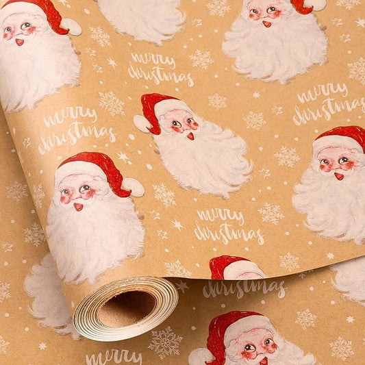 MAYPLUSS Christmas Wrapping Paper Roll - 17IN X 33FT - Kraft Gift Wrapping Paper Featuring Cute Santa Claus Snowflake Reversible Cut Lines for Kids, Holiday, New Year