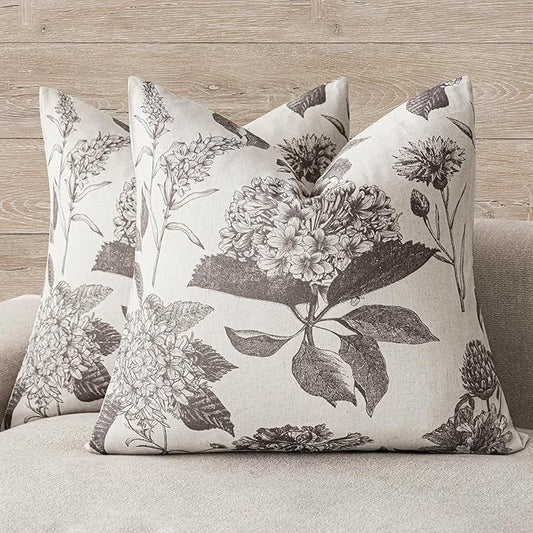 Foindtower Set of 2 Linen Floral Vintage Throw Pillow Covers Neutral Accent Decorative Cushion Covers Farmhouse Boho Home Decor for Sofa Chair Couch Bedroom Living Room,18×18 Inch,Light Gray