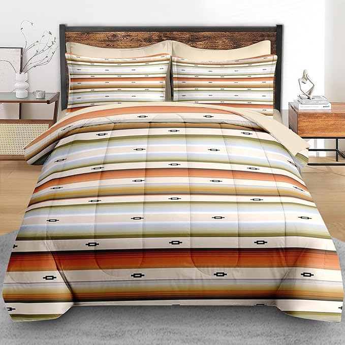 Comforter Set Queen Size, Geometric Tribal Striped 7 Pcs Bedding for Kids and Adults, Boho Modern Colorful Bed Sheet Sets with Fitted Sheet 2 Pillowcase & 2 Sham for Bedroom Bed Decor