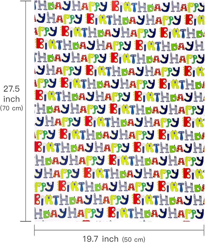 WRAPAHOLIC Birthday Wrapping Paper Sheet - 6 Sheets Balloon and Happy Bday Lettering Design Folded Flat for Birthday, Party, Baby Showers - 19.7 Inch X 27.5 Inch Per Sheet
