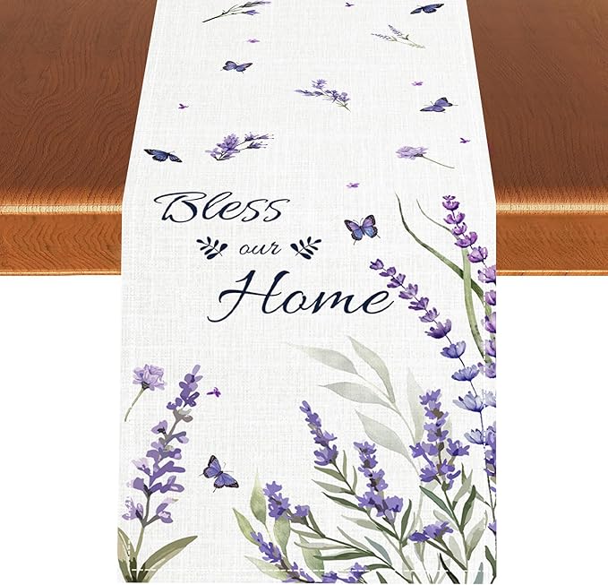 Purple Floral Table Runner, Spring Summer Watercolor Lavender Flower Country Farmhouse Coffee Coffee Table Center Decor for Home Kitchen Dining Patio Holiday Party Table Decorations 13x72 inches