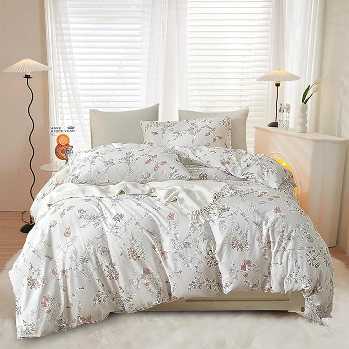 EAVD Botanical Floral Duvet Cover King Soft Cotton Reversible Pattern Chic Garden Floral Bedding Set with 2 Pillowcases Gorgeous Botanical Print Comforter Set with Zipper Closure