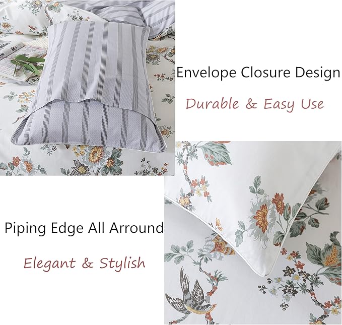 FADFAY Duvet Cover Set Twin XL Elegant Floral College Bedding Shabby Beige Bird Print Flower Quilt Cover Set 100% Cotton Soft Comforter Cover Set with Zipper Closure 3Pcs, Twin XL Size for Dorm Room