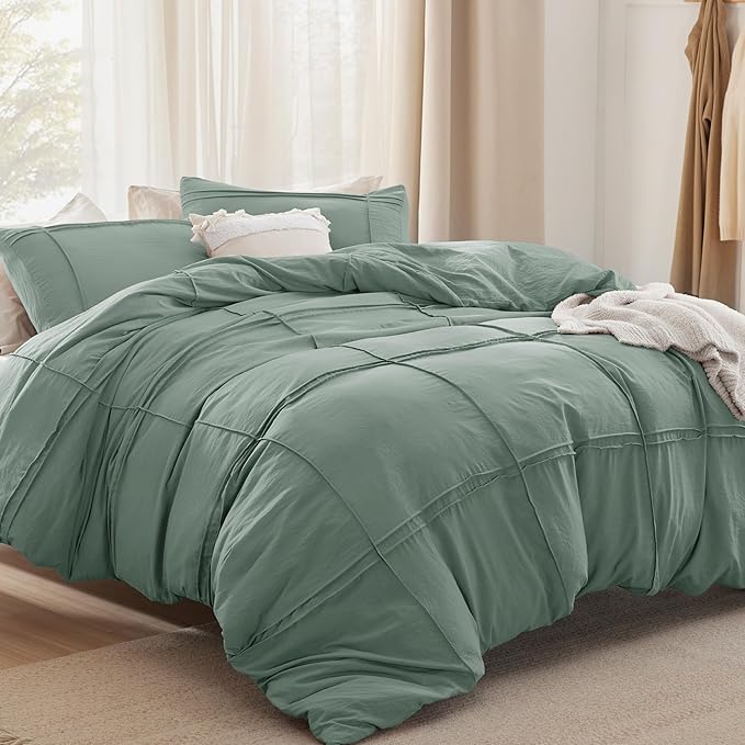 Bedsure Grid Boho Duvet Cover King Size - Shabby Chic Tufted Boho Bedding Set, 3 Pieces Shabby Chic Home Bedding for All Seasons, Includes 1 King Duvet Cover & 2 Pillowcases (Green, 104" x 90")
