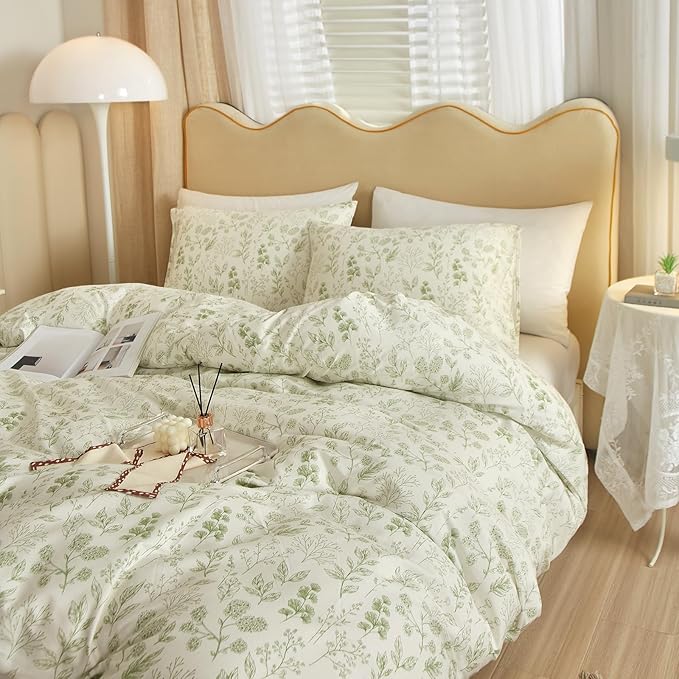 HighBuy 3 Pieces Duvet Cover Twin White Duvet Cover with Green Floral Print,Coquette Soft Cotton Comforter Cover Boho Style,Aesthetic Twin Bedding Set with Zipper Closure 4 Ties,All Season