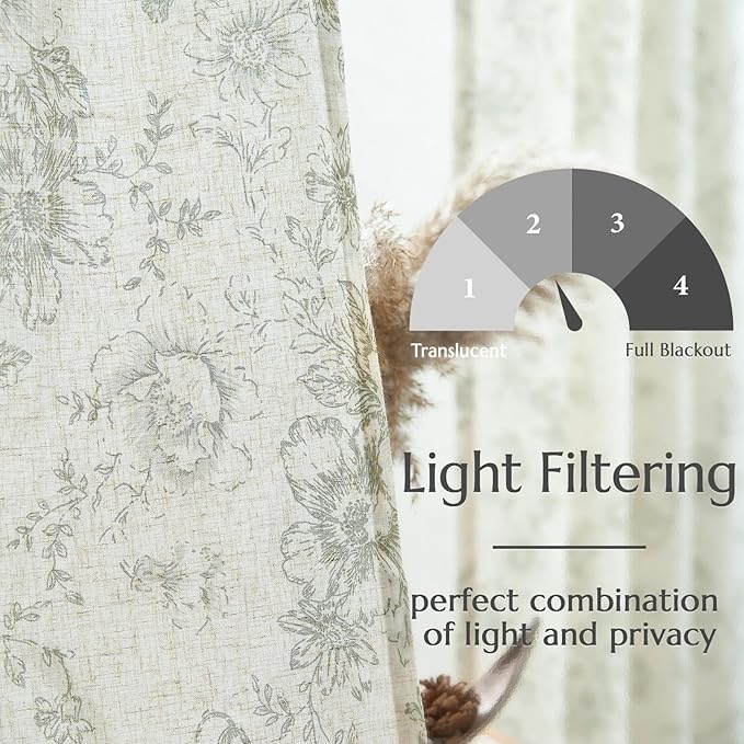 jinachan Linen Blend Floral Curtains for Living Room 84 Inch Length Christmas Sage Green Printed Curtain Rod Pocket Back Tab Farmhouse Peony Flower Patterned Drapes Bedroom Curtains Set 2 Panels