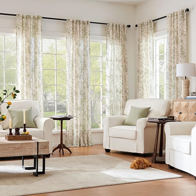jinachan Linen Blend Floral Curtains for Living Room 96 Inch Length Christmas Sage Green Printed Curtain Back Tab Farmhouse Peony Flower Patterned Drapes Bedroom Window Curtains Set 2 Panels