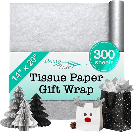 Ocean Tides 300 Sheets (14 x 20 Inches) Christmas Wrapping Paper – Gift Wrapping Tissue Paper Bulk for Crafts, Birthdays, & Holidays – Colored Tissue Papers for Gift Bags & Decorations, Silver