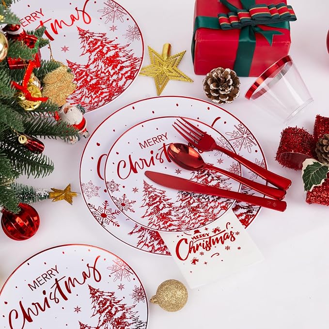 Rubtlamp 175 Pcs Christmas Plastic Plates And Napkins, Christmas Plates Disposable, White And Red Plastic Dinnerware Include 25Dessert Platos, 25Dinner Platos, 75 plastic cultery, 25Cups, 25Napkins