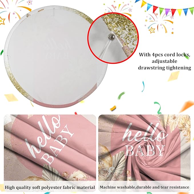 AOFOTO 5x5ft Boho Baby Shower Round Backdrop Cover Bohemian Chic Pink Arch Cover with Flowers Hello Baby Theme Photography Background Newborn Birthday Party Decorations Banner Photo Booth Props