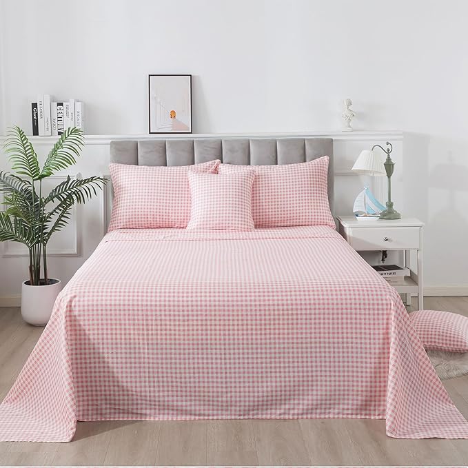 FADFAY Pink Plaid King Size Sheets 100% Cotton Geometric Checker Bedding Teens Grid White Gingham Pattern College Bedding Deep Pocket Sheets with 2 Pillowcases Ultra Soft 4pcs, King Size