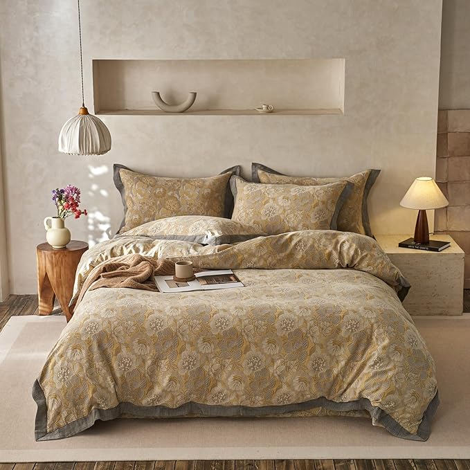 EAVD Vintage Style Yellow Floral Duvet Cover Full Soft 100% Muslin Cotton Yarn-Dyed Jacquard Textured Bedding Set with 2 Pillowcases Linen Like Gauze Botanical Duvet Cover with Zipper Closure