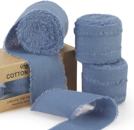 Dusty Blue Ribbon 1-1/2 x 15 Yards Handmade Cotton Frayed Fringe Fabric Ribbons for Crafts Flower Bouquets Wedding Baby Shower Home DIY Decor