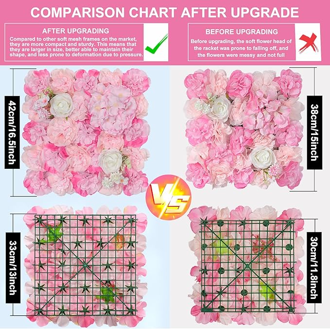 Artificial Flowers Wall Backdrop 16pcs 16.5x16.5 Inch Silk Rose Floral Wall Panel Decor Ideal for Wedding Celebrations, Festive Party Birthday Backdrops and Elegant Home Decor- Pink