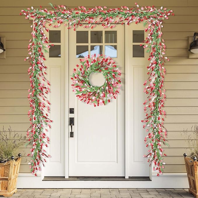 Artgar Flower Garland 6Ft Spring/Summer Garland Floral Garlands for Mantle All Year Round Paper Garlands Decor for Indoor Outdoor Home Wedding Arch Porch Staircase Backdrop Year Round Decor (Red Pink)