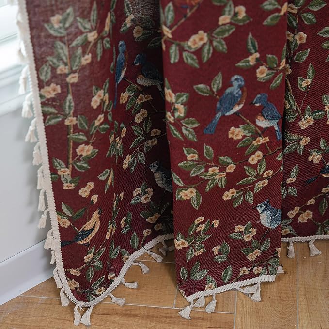 ENJOYBRIDAL Floral 96 Inch Curtains for Living Room Maroon Drapes Bird Pattern Jacquard Long Window Curtain Panels Rod Pocket Bedroom Farmhouse Boho Tassel Semi Blackout 2 Panels Window Treatments