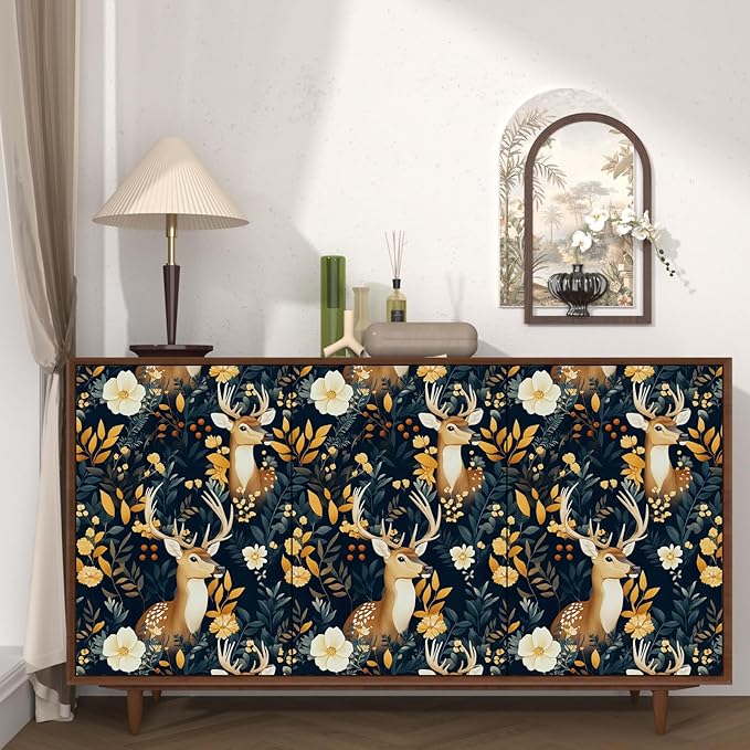 Deer Wallpaper Peel and Stick Vintage Blue Gold Floral Wallpaper Contact Paper 17.5" × 118" Waterproof Vinyl Self Adhesive Dark Wall Paper for Bedroom Walls Cabinet Locker Decor