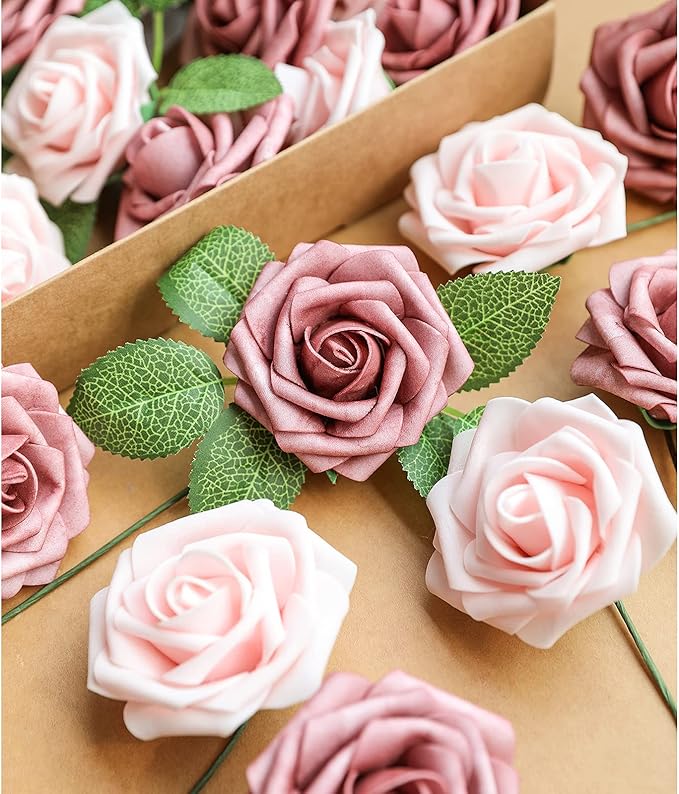 AmyHomie Artificial Flower Warm Taupe & Nude Rose 25pcs Real Looking Fake Roses w/Stem for DIY Wedding Bouquets Centerpieces Arrangements Party Baby Shower Valentines Day Christmas Tree Decorations