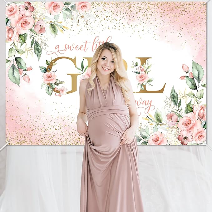 Avezano Girl Baby Shower Backdrop Pink Floral Sweet Baby Baby Shower Banner A Sweet Little Girl is on Her Way Party Decorations Banner (8x6ft)