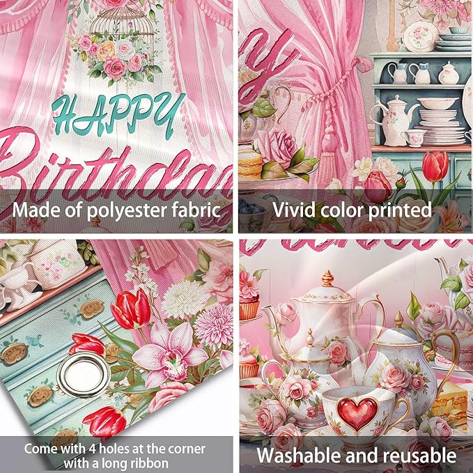 Tea Party Backdrop Let's Partea Happy Birthday Photography Background Wonderland Pink Rose Floral Teapot Women Tea Party Decor Banner Portrait Photo Booth Studio Props 9x6ft FU084YL