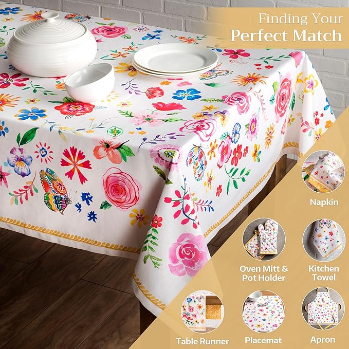 Maison d' Hermine Table Cloth Rectangle Table 100% Cotton 70 x 108 Inches Tablecloth Reusable for Dining Room, Farmhouse, Home, Party, Festive & Wedding Spring Summer - Happy Florals - Sweety