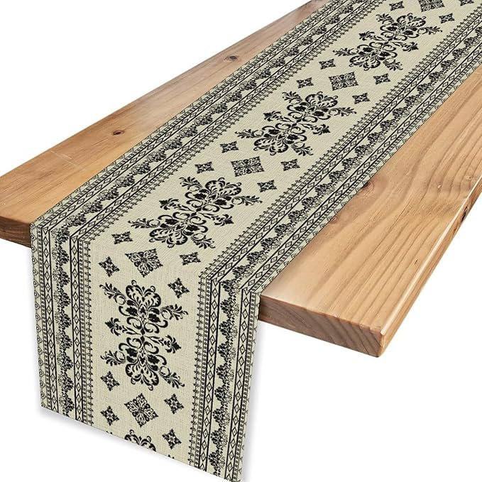 Black Floral Table Runner, Rustic Damask Antique Floral Retro Boho Art Linen Coffee Table Center Decor for Family Kitchen Farmhouse Holiday Party Table Decorations Indoor Outdoor 13x36 inch