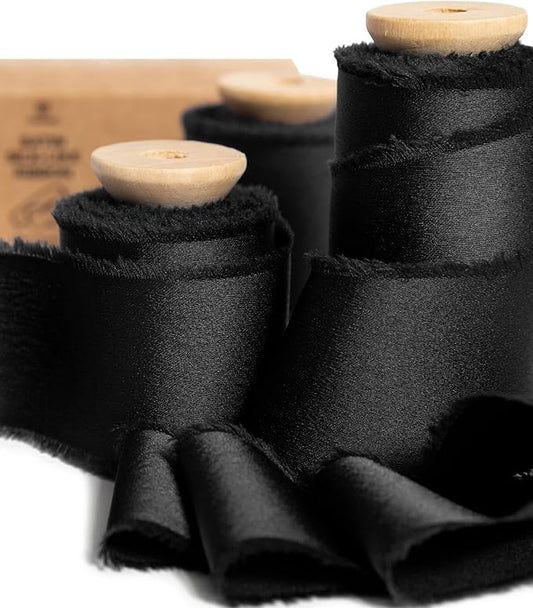 Vitalizart Black Silk Satin Ribbon 1-1/2 Inch x 15 Yard Wooden Spool Handmade Frayed Ribbons for Gift Wrapping Baby Shower Wedding Bridal Bouquets Holiday Decor