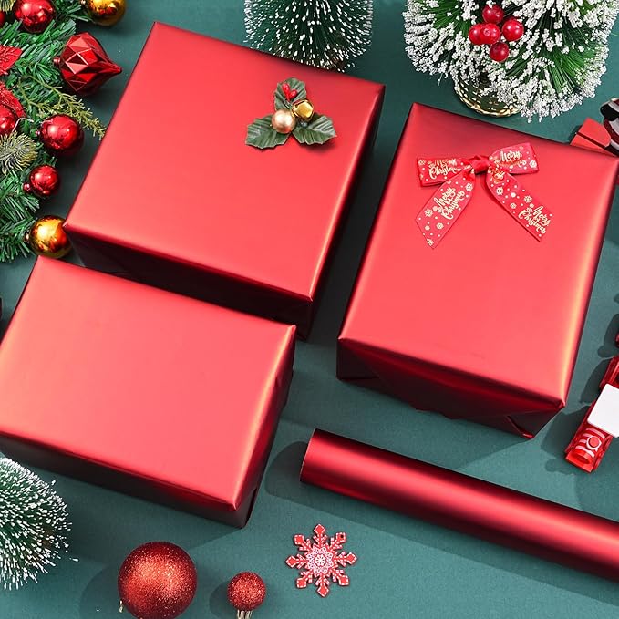 ZINTBIAL Metallic Red Wrapping Paper Roll with Cut Lines - Solid Red Holiday Gift Wrap for Graduation, Christmas, Birthdays, Baby Shower, Wedding - 17.5 in x 33 ft (48 sq. ft), Easy to Cut