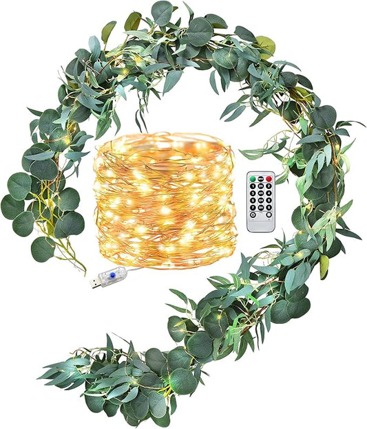 FiveSeasonStuff Rustic Willow and Eucalyptus Garlands – Lifelike Greenery with USB-Powered 100 LED String Lights – Perfect for Weddings, Home Decor, Events, and Seasonal Decorations