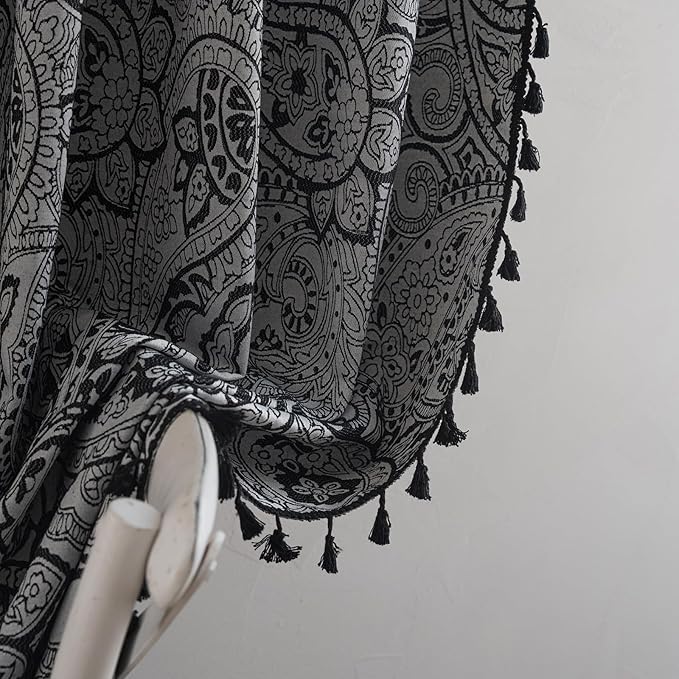 ENJOYBRIDAL Black Paisley 63 Inch Curtains for Bedroom Semi Sheer Drapes Light Filtering Boho Rod Pocket Short Window Curtains 2 Panel Sets Living Room Farmhouse Printed Jacquard Window Treatments