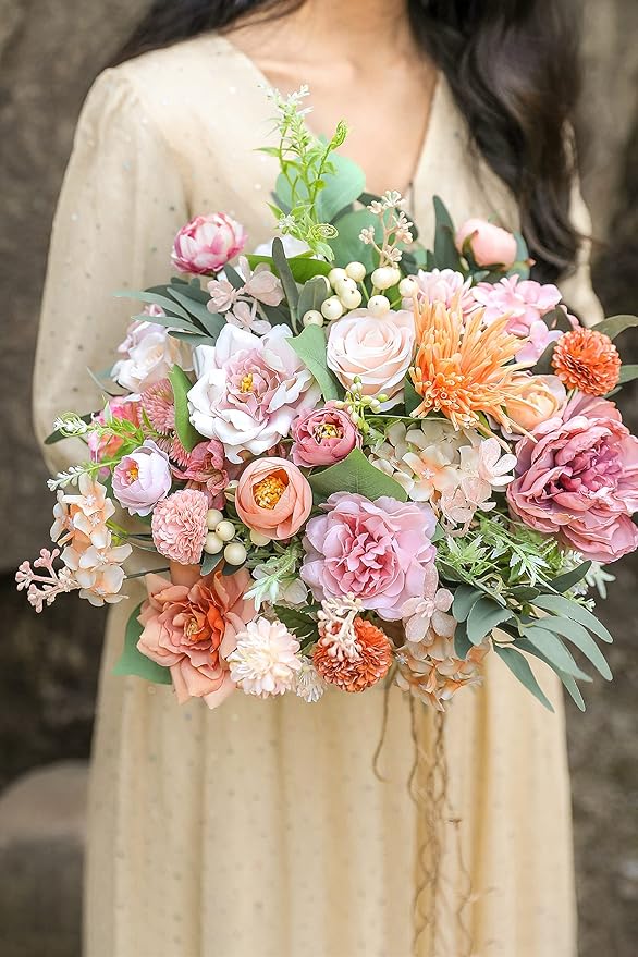 YYHUAWU Artificial Flowers Combo Set Fake Flower Leaf Box with Stems for DIY Wedding Bouquets Centerpieces Flower Arrangements Decorations Baby Shower Party Home Decorations Orange Pink