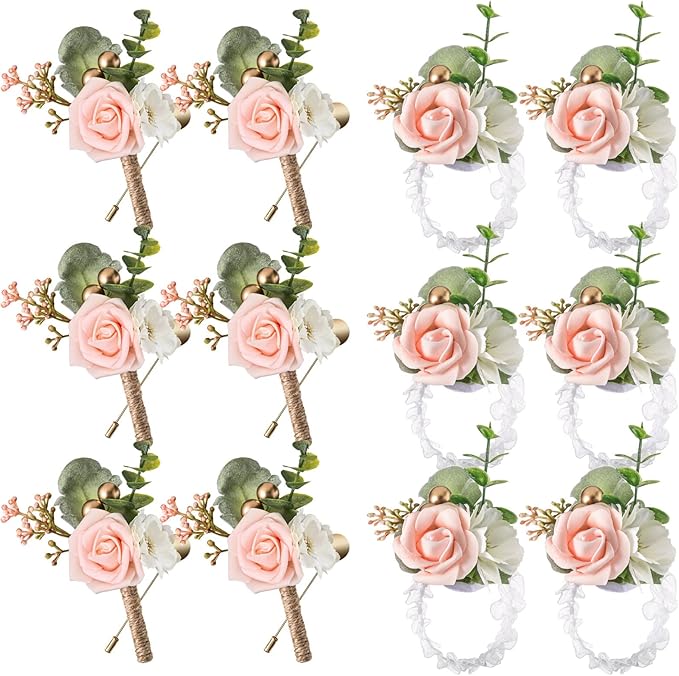 12 Pcs Wedding Wrist Corsage and Boutonniere Set Rose Wrist Corsage for Prom Boutonniere for Men Wedding Flowers Accessories Prom Suit Decorations for Wedding Ceremony Anniversary (Pink)