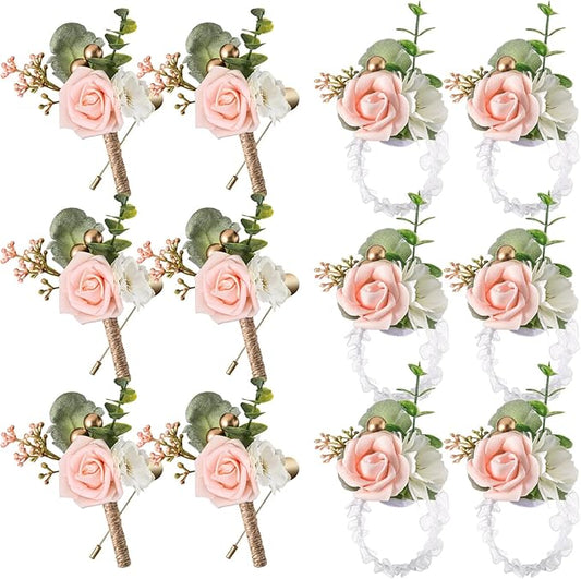 12 Pcs Wedding Wrist Corsage and Boutonniere Set Rose Wrist Corsage for Prom Boutonniere for Men Wedding Flowers Accessories Prom Suit Decorations for Wedding Ceremony Anniversary (Pink)