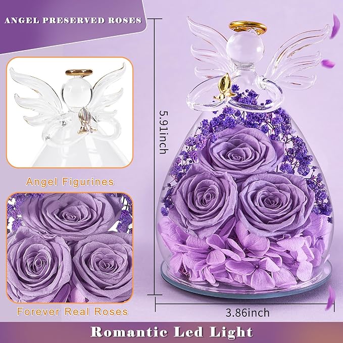 Beferr Christmas Birthday Gifts for Women, Mom Gifts for Christmas Fresh Flowers for Delivery Prime Forever Preserved Rose in Glass Angel, Xmas Gifts for Grandma Wife Sister Her, Lavender Purple