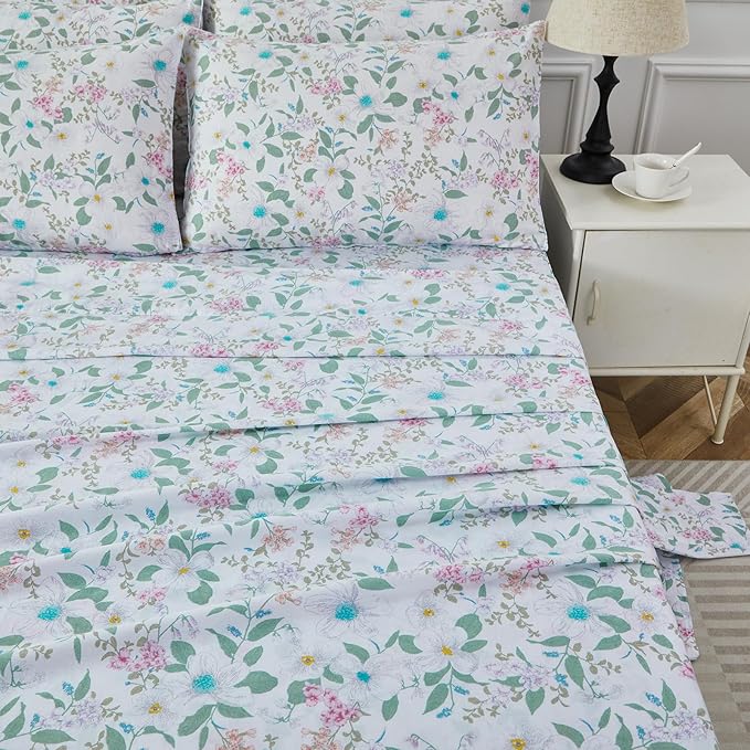 FADFAY Cal King Size Sheets Set 100% Cotton Vintage Floral Shabby Flowers & Leaves Pattern Farmhouse Bedding Set Deep Pocket Sheets with 2 Pillowcases Breathable Soft 4Pcs, Cal King