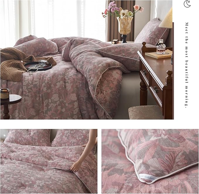HighBuy Pink Floral King Size Comforter Set Muslin Cotton Soft Luxury Boho King Comforter Jacquard Print Breathable Lightweight Fluffy Bedding Sets with 1 Comforter and 2 Pillow Shams
